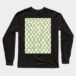 Green and Cream Distorted Warped Checkerboard Pattern V Long Sleeve T-Shirt